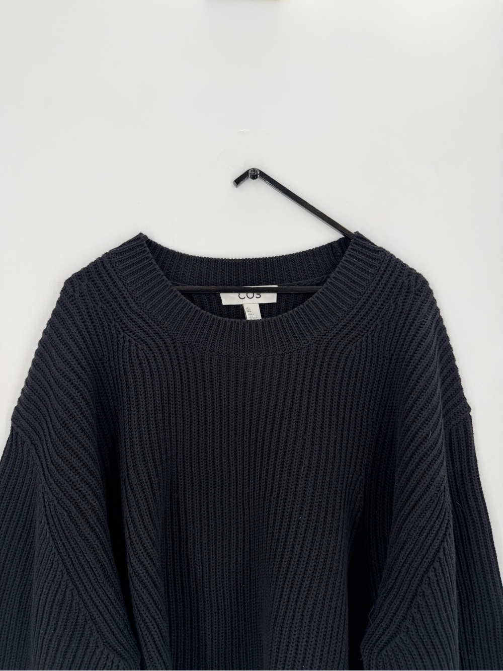 Cos Black Chunky Ribbed Knit Wide Barrel Sleeve Darted Crewneck Sweater